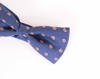 Men's Vintage Narrow Silk Blend Blue and Pink Paisley Polka Dot Spot Adjustable Bow Tie