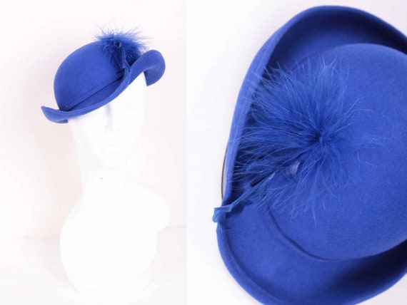 Vintage Electric Bright Blue Felt with Feather Tri