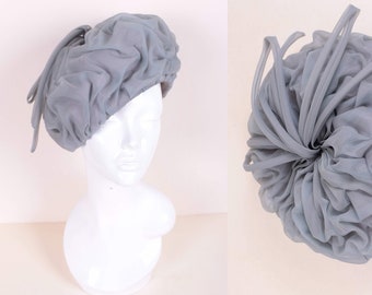 Vintage 1960's Grey Ruffle Gathered Pleated Turban Bert Cocktail Wedding Hat Size Medium