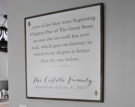 A NEW CHAPTER personalized family sign 2'X2' | C.S. Lewis quote | distressed painted wall decor | shabby chic farmhouse | framed wall art