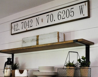 LATITUDE LONGITUDE coordinates 7"X48" sign | distressed shabby chic wooden sign | painted wall art | elegant farmhouse decor | wood sign