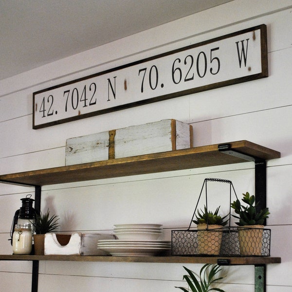 LATITUDE LONGITUDE coordinates 7"X48" sign | distressed shabby chic wooden sign | painted wall art | elegant farmhouse decor | wood sign