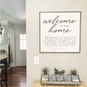 WELCOME to our HOME sign 2'X2' | distressed wooden wall plaque | shabby chic farmhouse décor | framed wall art | scripture entry sign