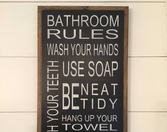 BATHROOM RULES framed wooden typography sign | painted bathroom decor | shabby chic farmhouse wall art | wood sign | Kids Bathroom Sign