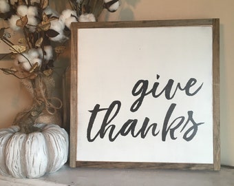 GIVE THANKS wooden framed sign | distressed wood sign | painted wall art | modern farmhouse decor | autumn fall decor | Thanksgiving decor