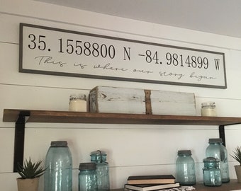 LATITUDE LONGITUDE coordinates with personalization in cursive 9"X48" sign | distressed shabby chic wood signs | elegant farmhouse decor