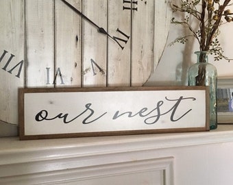 Our Nest 6"x24" sign | framed wood painted wall art | farmhouse inspired wall decor | rustic coastal beach decor