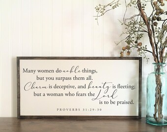 NOBLE THINGS - framed wood sign | Proverbs 31 | Bedroom wall decor | shabby chic plaque | wooden signs | Bible Verse Sign (sign shown 12x23)