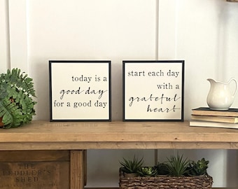 Good Day & Grateful Heart sign bundle | set of 2 signs | farmhouse decor | rustic wall decor | Master Bedroom Sign | Kids Bedroom Sign