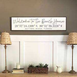 May include: White wooden sign with black text that reads "Welcome to the Beach House 28°57′24.1308" N 80°52′59.3328" W DAYTONA BEACH, FLORIDA".