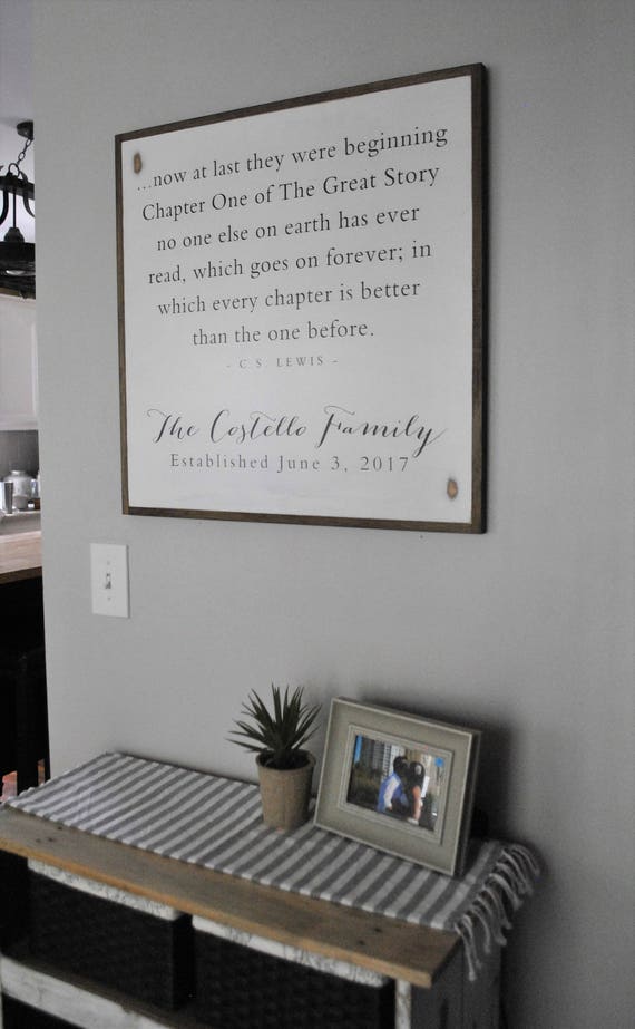 A NEW CHAPTER personalized family sign 2'X2' | C.S. Lewis quote | distressed painted wall decor | shabby chic farmhouse | framed wall art