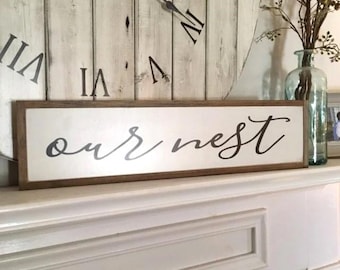 Our Nest 6"x23" wood sign | framed wooden painted sign | farmhouse inspired wall decor | coastal beach decor | wedding gift | mantle sign