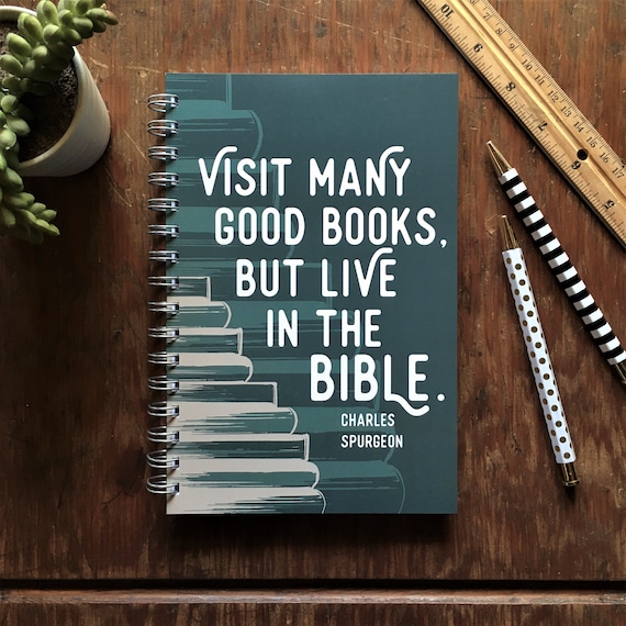 LIVE THE BIBLE Journal | 5.5" x 8.5" | for journaling, sketching, bible studies + sermon notes, soft cover spiral notebook, Spurgeon quote