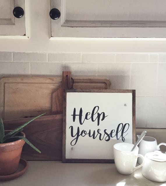 HELP YOURSELF 1'X1' sign | distressed wooden sign | painted art | elegant farmhouse decor | coffee bar | coffee station