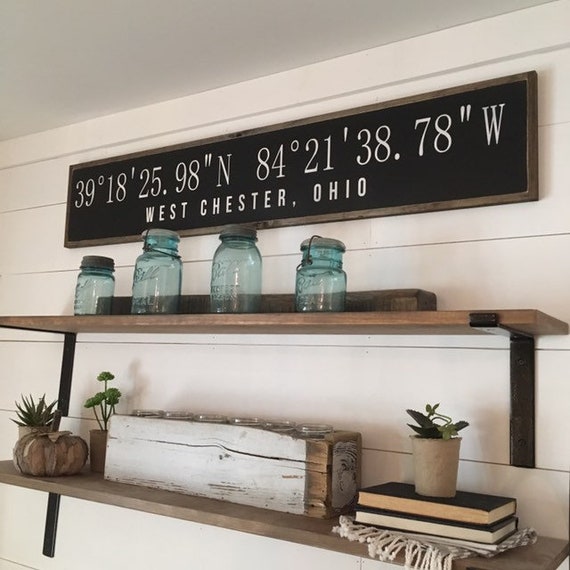 LATITUDE LONGITUDE coordinates sign personalized with City and State 9"X48" | distressed shabby chic wooden sign | elegant farmhouse décor