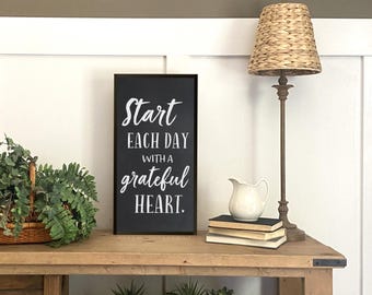 GRATEFUL HEART framed wooden sign | farmhouse decor wood sign | start each day with a grateful heart | bedroom sign | bathroom sign