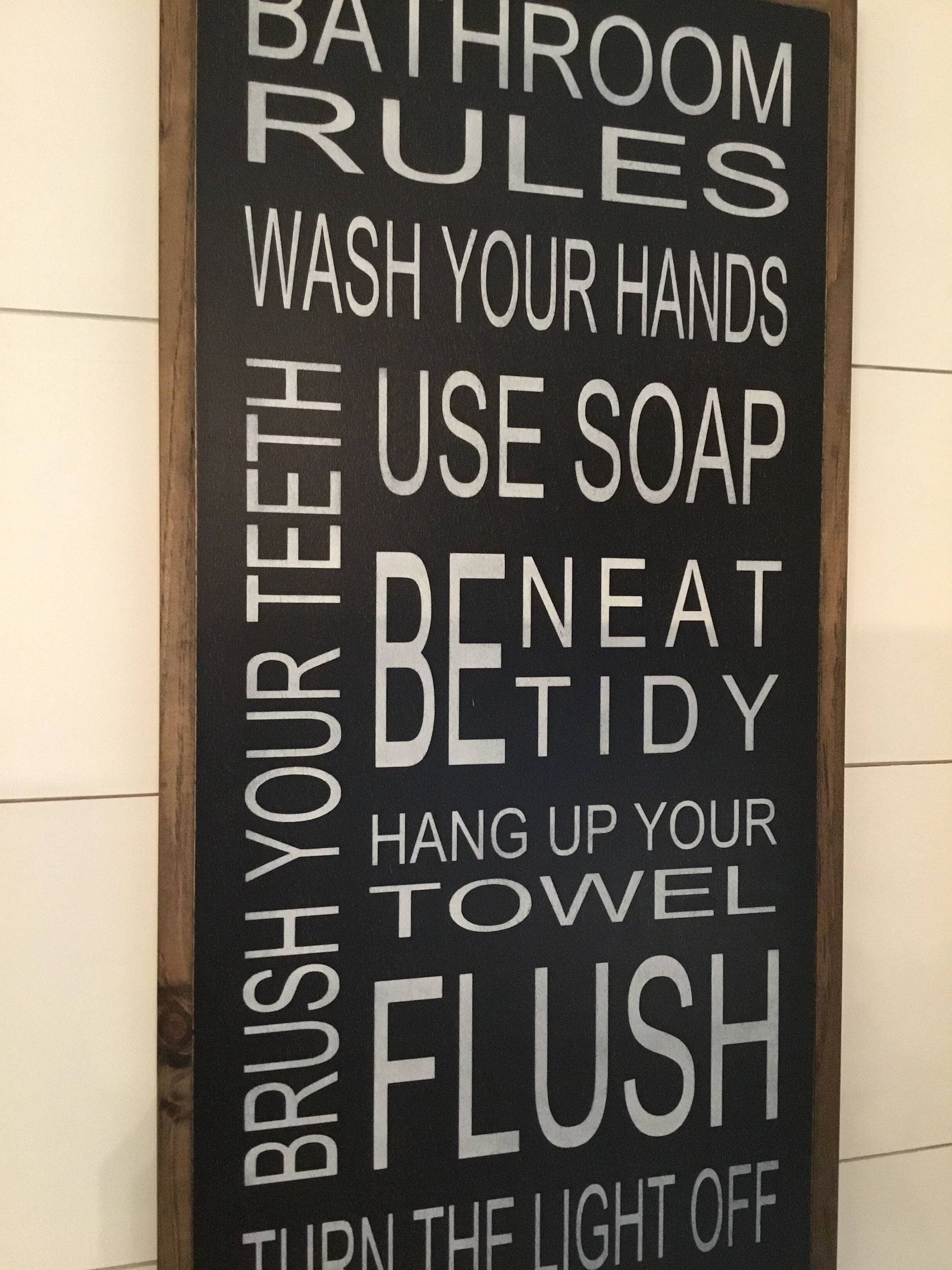 BATHROOM RULES 12 x 23 wooden typography sign painted distressed