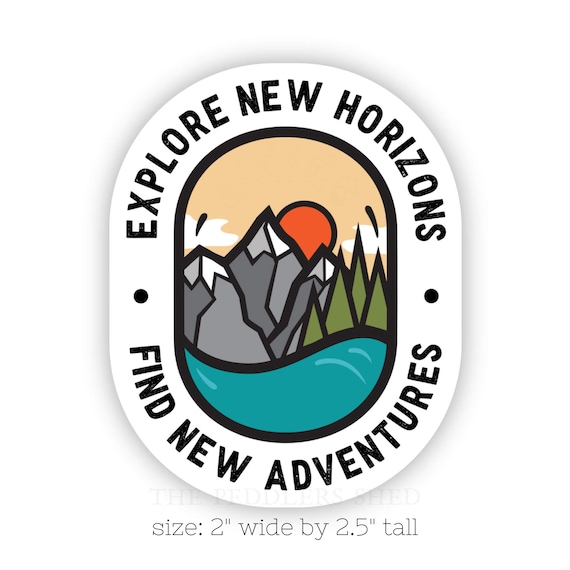 NEW HORIZONS New Adventures vinyl sticker | water bottle sticker, hiking sticker, hydroflask sticker, laptop decal, backpacking sticker