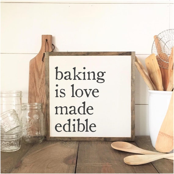 BAKING IS LOVE made edible 1'X1' sign | distressed shabby chic painted wooden sign | painted framed wall art | elegant farmhouse decor