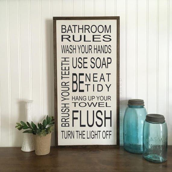 Bathroom Rules - wooden bathroom sign | painted wood sign artwork | shabby chic wood sign | framed sign | kids bathroom sign | shown 12x23