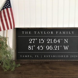 May include: A black framed sign with white text that reads "THE TAYLOR FAMILY 27° 15′ 21.64" N 81° 45′ 96.21" W TAMPA, FL ESTABLISHED 2020"
