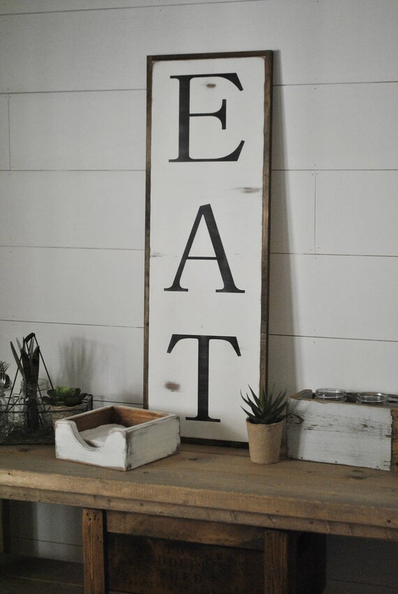 EAT 1X3 sign | farmhouse dining room wall decor | kitchen sign | shabby chic wooden art | framed modern rustic hand painted sign