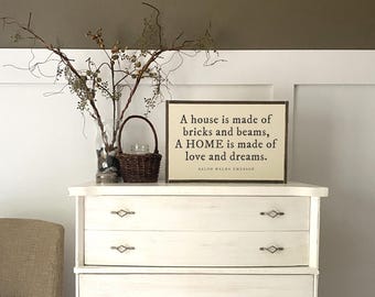 A HOUSE IS MADE of Love and Dreams - wood sign | wooden framed wall decor | painted wall plaque | housewarming gift, Emerson quote, 12x18 in