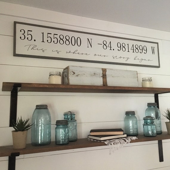 LATITUDE LONGITUDE coordinates with personalization in cursive 9"X48" sign | distressed shabby chic wood signs | elegant farmhouse decor