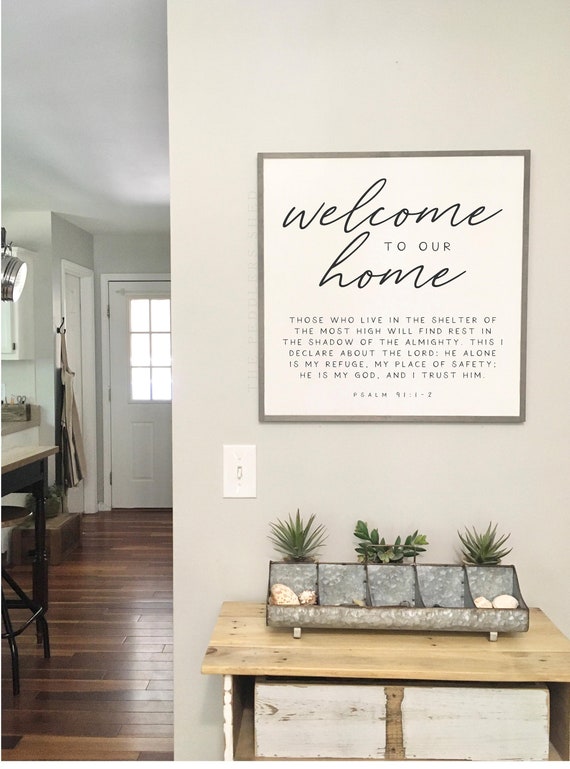 WELCOME to our HOME sign 2'X2' | distressed wooden wall plaque | shabby chic farmhouse décor | framed wall art | scripture entry sign