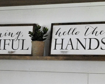 SET OF 2 - good morning beautiful & hello there handsome | distressed master bedroom decor | farmhouse wall art | shabby chic bathroom signs