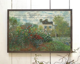 LIVE QUIETLY - Vintage Art printed on wood | Monet garden scene | 1 Thessalonians 4:11-12 | Bible Verse on wood | Wood Signs | 12" x 18"