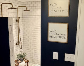 SET OF TWO! good morning beautiful & hello there handsome set | 2 signs | farmhouse wall décor | Bathroom wall art plaque | wood signs