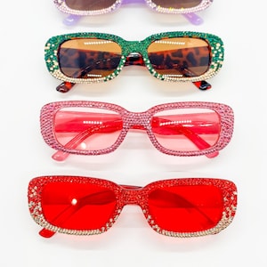 Y2K Bedazzled Sunglasses Rhinestone Rectangle Honeymoon Bridal Shower Bride To Be Bachelorette Festival Concert Eras Tour Sabrina Carpenter