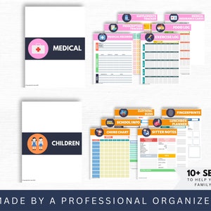 Life Binder templates for medical and child information.  Sitter notes, fingerprint page, school info, chore chart, exercise log, food tracker, vitamin tracker, medicine tracker in pink, orange and navy blue.