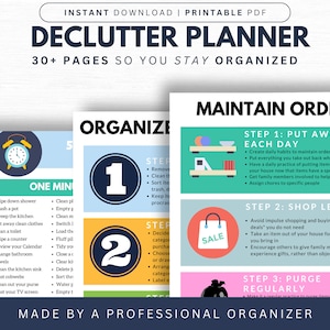 May include: A printable decluttering planner with a bright pink, blue, and yellow color scheme. The planner includes tips for organizing, maintaining order, and purging items from your home. The text on the page reads "Declutter Planner" and "Maintain Order".