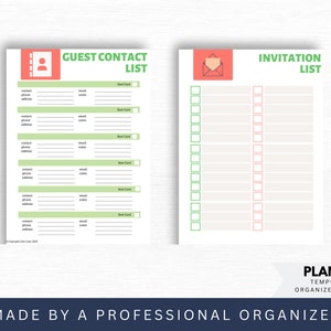 May include: Printable checklist templates for planning an event. The green template is a guest contact list with columns for contact name, phone number, email, notes, and send card. The pink template is an invitation list with columns for guest name and RSVP. The text "Planning Templates to Organize Your Event" is at the bottom of the page.