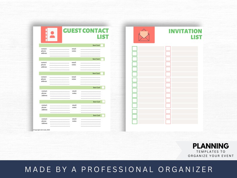 May include: Printable checklist templates for planning an event. The green template is a guest contact list with columns for contact name, phone number, email, notes, and send card. The pink template is an invitation list with columns for guest name and RSVP. The text "Planning Templates to Organize Your Event" is at the bottom of the page.