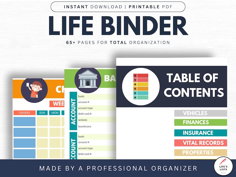 Life Binder Template, table of contents, chore chart and bank account tracker in navy, orange and green colors.