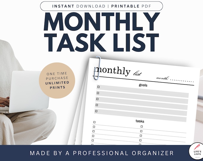 Monthly Task List | Monthly Planner Page | Minimalist Planner Pages | Black & White Printable | Digital Download
