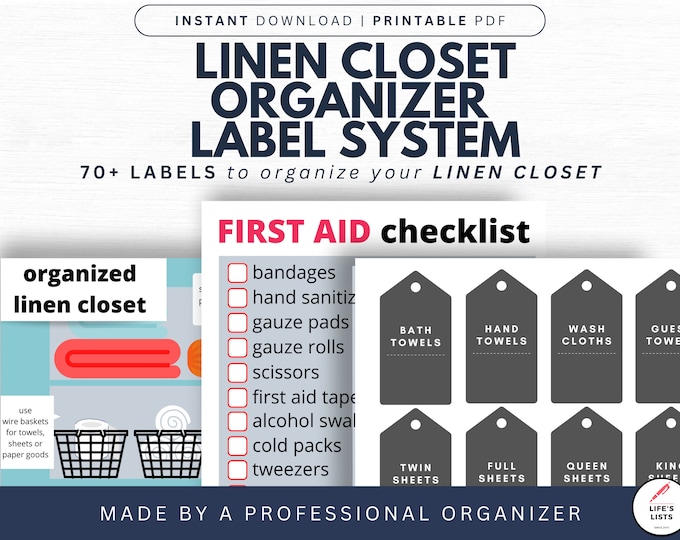 Linen Closet Organization System | Linen Closet Labels | Printable | Digital Download | by Life's Lists