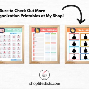 May include: Three printable organization charts with a wood frame. The first chart is a 30-day declutter challenge with a pink and blue color scheme. The second chart is a meal planning chart with a pink and green color scheme. The third chart is a trash label chart with a yellow, orange, and blue color scheme.