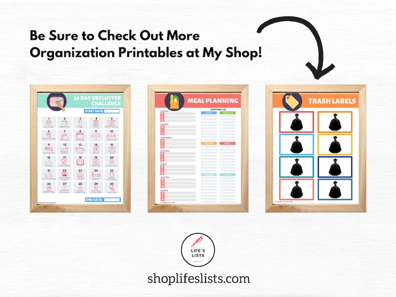 May include: Three printable organization charts with a wood frame. The first chart is a 30-day declutter challenge with a pink and blue color scheme. The second chart is a meal planning chart with a pink and green color scheme. The third chart is a trash label chart with a yellow, orange, and blue color scheme.