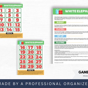May include: Printable game cards for a White Elephant gift exchange game. The cards are green and red with white numbers 1 through 30. The game instructions are included on the page.