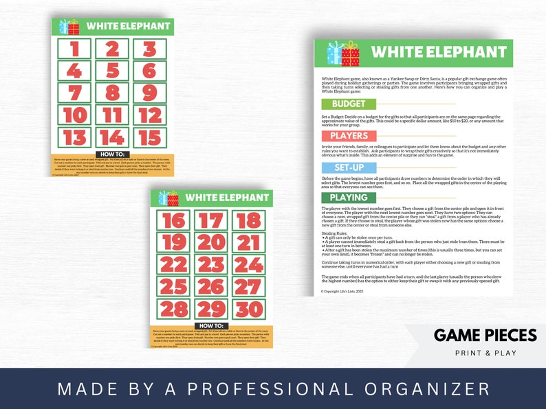 May include: Printable game cards for a White Elephant gift exchange game. The cards are green and red with white numbers 1 through 30. The game instructions are included on the page.