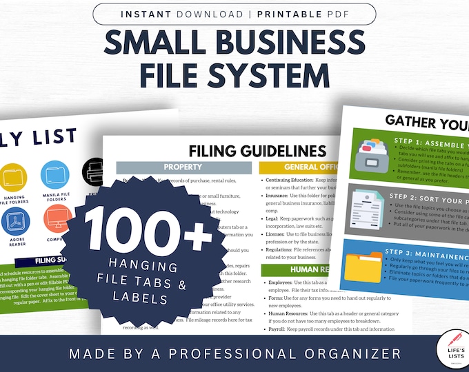 Small Business Filing System | Affordable Small Business Organization System | DIY Business File Tabs | Labels | Printable | by Life's Lists