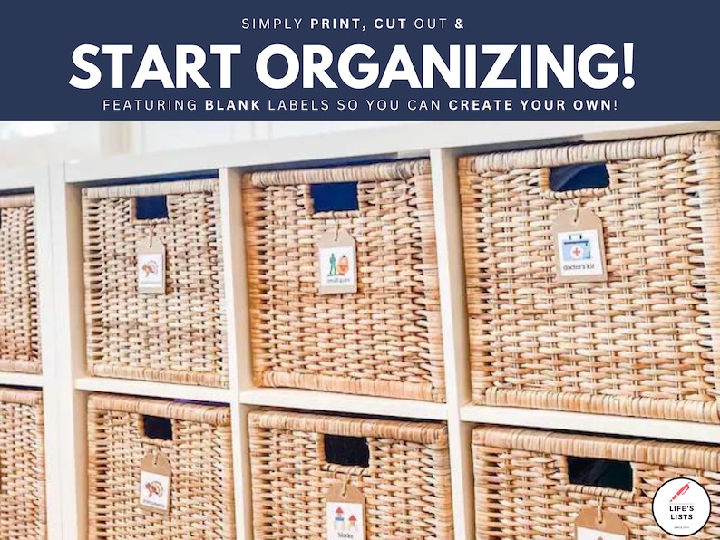 Baskets on Ikea Kallax bookshelf with Life's Lists toy room labels.