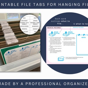 Puede incluir: Etiquetas de archivo imprimibles para archivos colgantes con categor&iacute;as para facturas, empleo, cr&eacute;dito, gastos, seguros, registros m&eacute;dicos, propiedades e impuestos. La imagen tambi&eacute;n incluye una carpeta de archivo de muestra etiquetada como "Banca" con instrucciones sobre qu&eacute; archivar y cu&aacute;ndo desechar.