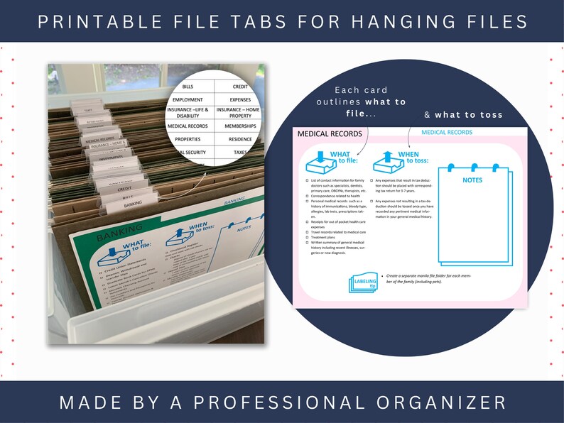 Puede incluir: Etiquetas de archivo imprimibles para archivos colgantes con categor&iacute;as para facturas, empleo, cr&eacute;dito, gastos, seguros, registros m&eacute;dicos, propiedades e impuestos. La imagen tambi&eacute;n incluye una carpeta de archivo de muestra etiquetada como "Banca" con instrucciones sobre qu&eacute; archivar y cu&aacute;ndo desechar.