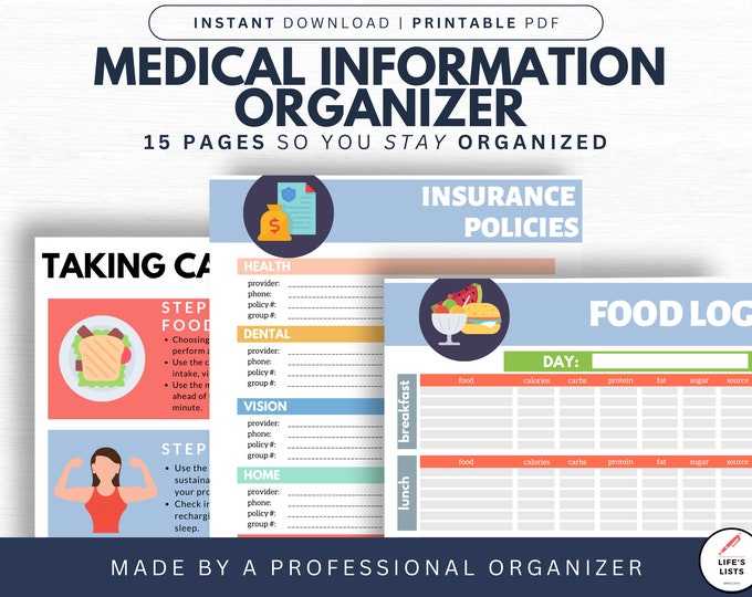 Medical Information Organizer For Home Organization | Medical Record Organize | Print on Demand | Instant Download | Life's Lists