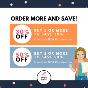 Puede incluir: Un gr&aacute;fico azul y naranja con el texto "ORDER MORE AND SAVE!" y dos ofertas de descuento. La primera oferta es un 30% de descuento al comprar 3 art&iacute;culos o m&aacute;s y la segunda oferta es un 50% de descuento al comprar 5 art&iacute;culos o m&aacute;s. El gr&aacute;fico tambi&eacute;n incluye el texto "LIFE'S LISTS" con un icono de bol&iacute;grafo.